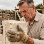 Maçon expérimenté inspectant un moellon en pierre calcaire sur un chantier, évaluant la qualité de la taille et la texture de la roche naturelle