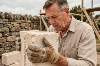 Maçon expérimenté inspectant un moellon en pierre calcaire sur un chantier, évaluant la qualité de la taille et la texture de la roche naturelle