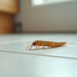 Un asticot rampant sur un sol de cuisine blanc propre