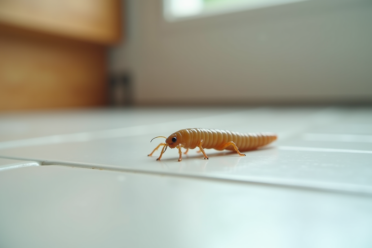 Un asticot rampant sur un sol de cuisine blanc propre