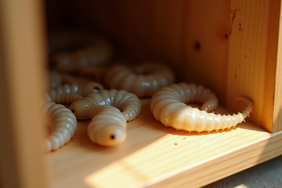 Plusieurs asticots dans un coin de placard en bois clair