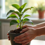 Mains vérifiant la terre humide d'une plante verte d'intérieur
