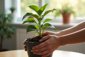 Mains vérifiant la terre humide d'une plante verte d'intérieur