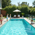 Famille dans un jardin avec piscine securisee et enfants jouant