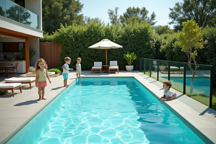 Famille dans un jardin avec piscine securisee et enfants jouant
