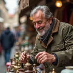 Homme d'âge moyen inspectant une horloge ancienne au marché aux puces