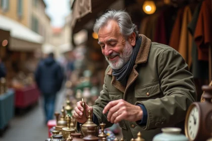 Homme d'âge moyen inspectant une horloge ancienne au marché aux puces