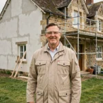Entrepreneur en rénovation devant une maison normande en cours de travaux dans l'Eure