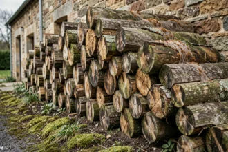 Tas de bois de chauffage extérieur contre un mur en pierre avec traces visibles de mérule et mycélium orangé sur l'écorce humide