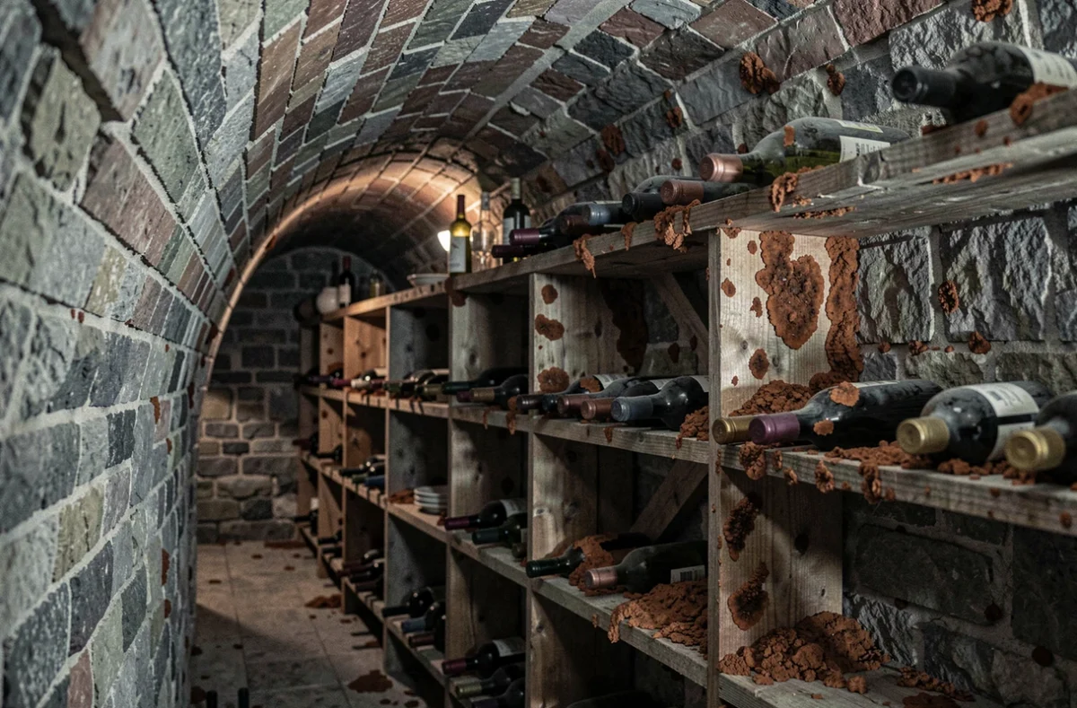 Cave en pierre avec mérule envahissant les étagères en bois humides et se propageant sur les murs de pierre du sous-sol