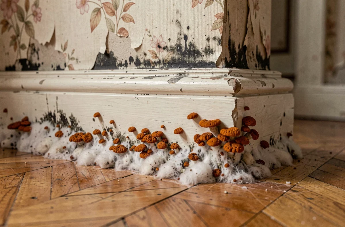 Mérule sur parquet et plinthe de salon avec mycélium blanc et corps fructifères orange caractéristiques dans un appartement ancien