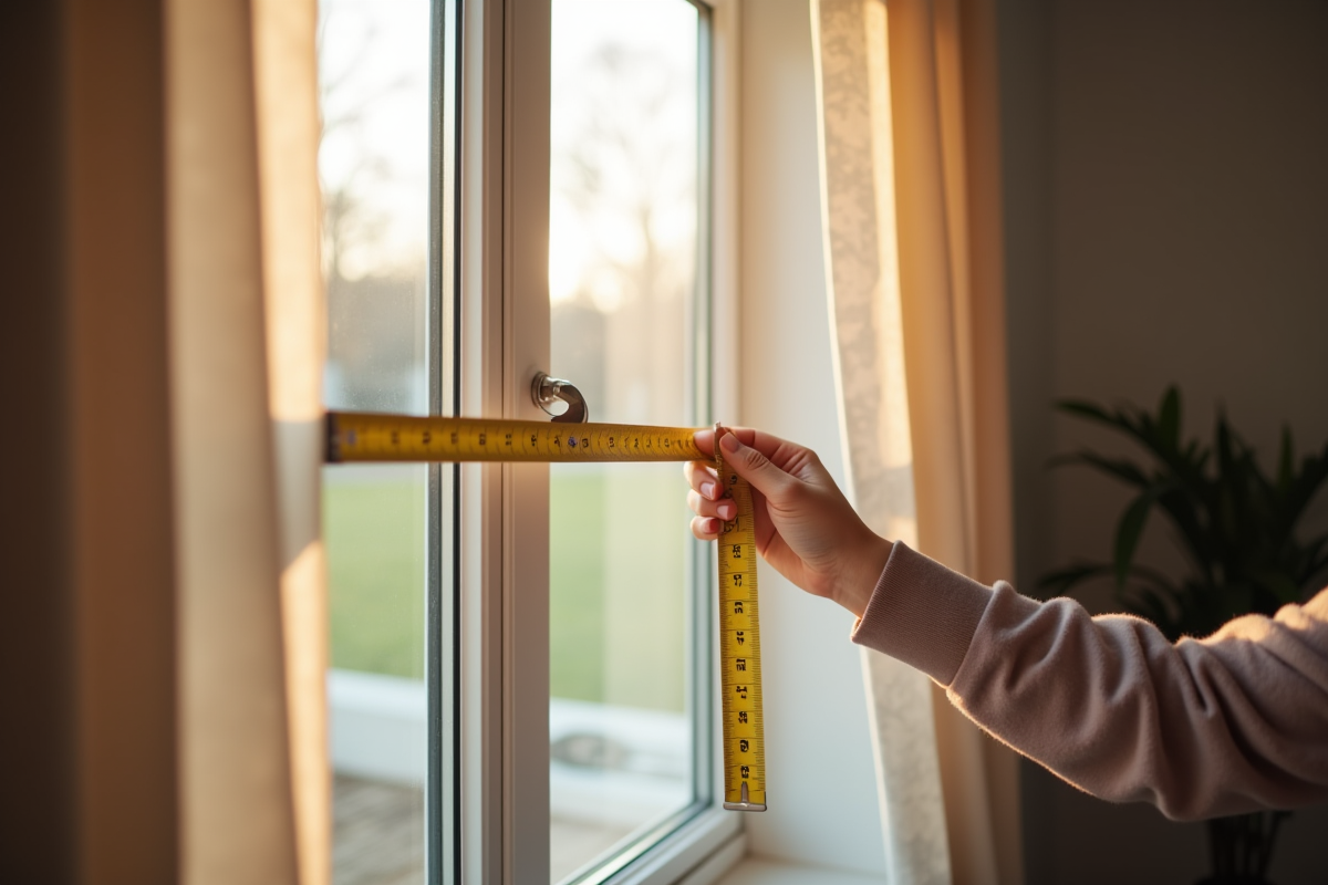 Personne mesurant une fenêtre avec un ruban dans un salon cosy