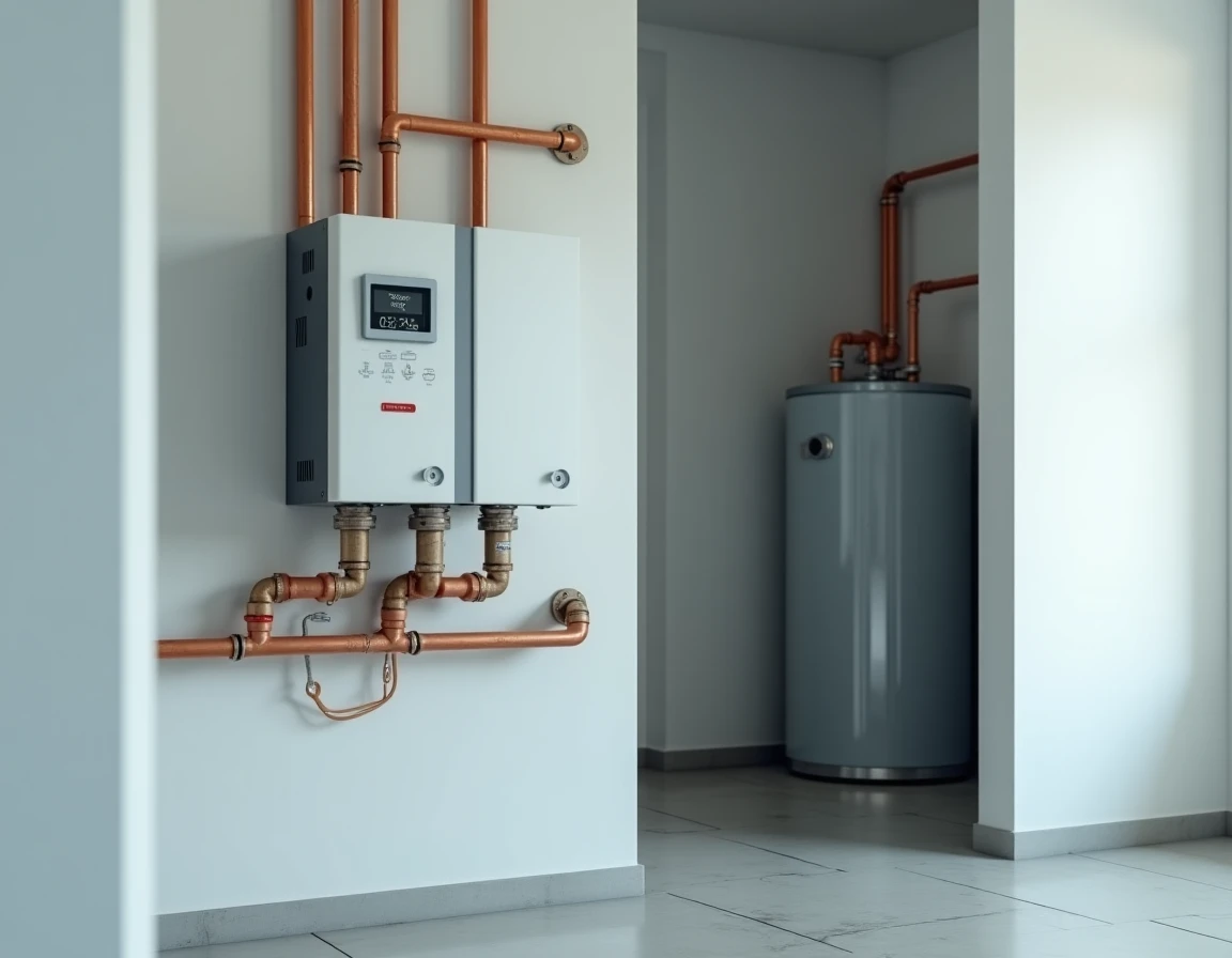 Module hydraulique intérieur d'une pompe à chaleur air-eau avec panneau de contrôle numérique affichant le COP