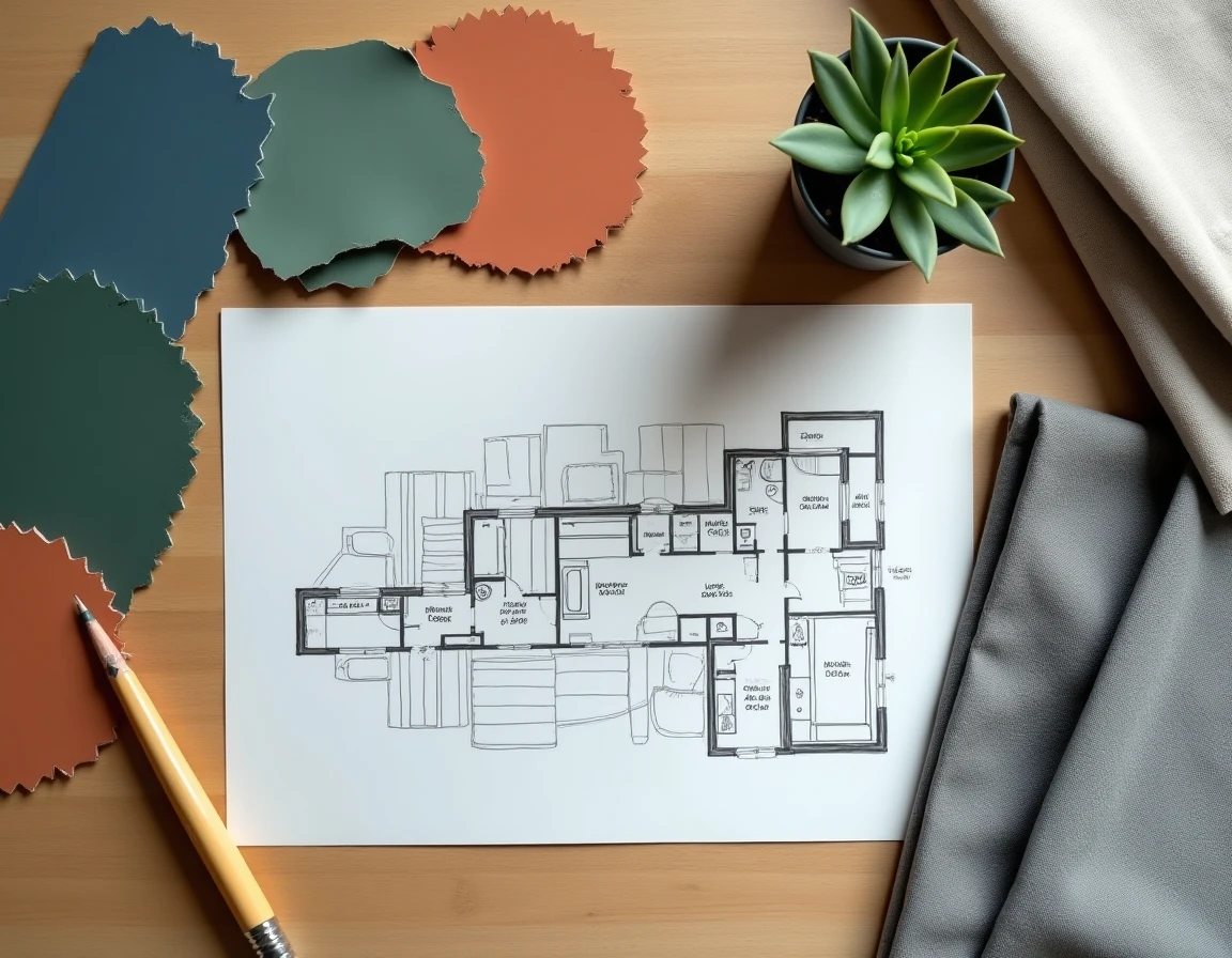 Planche de tendance avec nuanciers de peinture et échantillons de tissus pour décorer une chambre garçon évolutive
