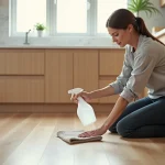 Femme nettoyant un parquet stratifié avec un spray ménager et une serpillière microfibre dans une cuisine moderne