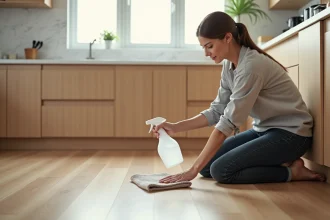 Femme nettoyant un parquet stratifié avec un spray ménager et une serpillière microfibre dans une cuisine moderne
