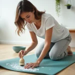 Femme nettoyant un tapis de sol en mousse avec une brosse et de l'eau savonneuse dans un salon minimaliste