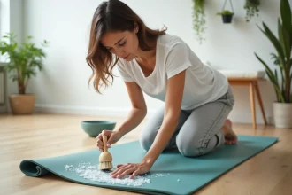 Femme nettoyant un tapis de sol en mousse avec une brosse et de l'eau savonneuse dans un salon minimaliste