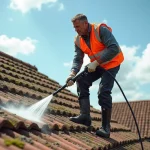 Professionnel utilisant un karcher basse pression sur des tuiles en terre cuite couvertes de mousse pour nettoyer une toiture sans l'endommager