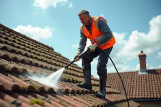 Professionnel utilisant un karcher basse pression sur des tuiles en terre cuite couvertes de mousse pour nettoyer une toiture sans l'endommager