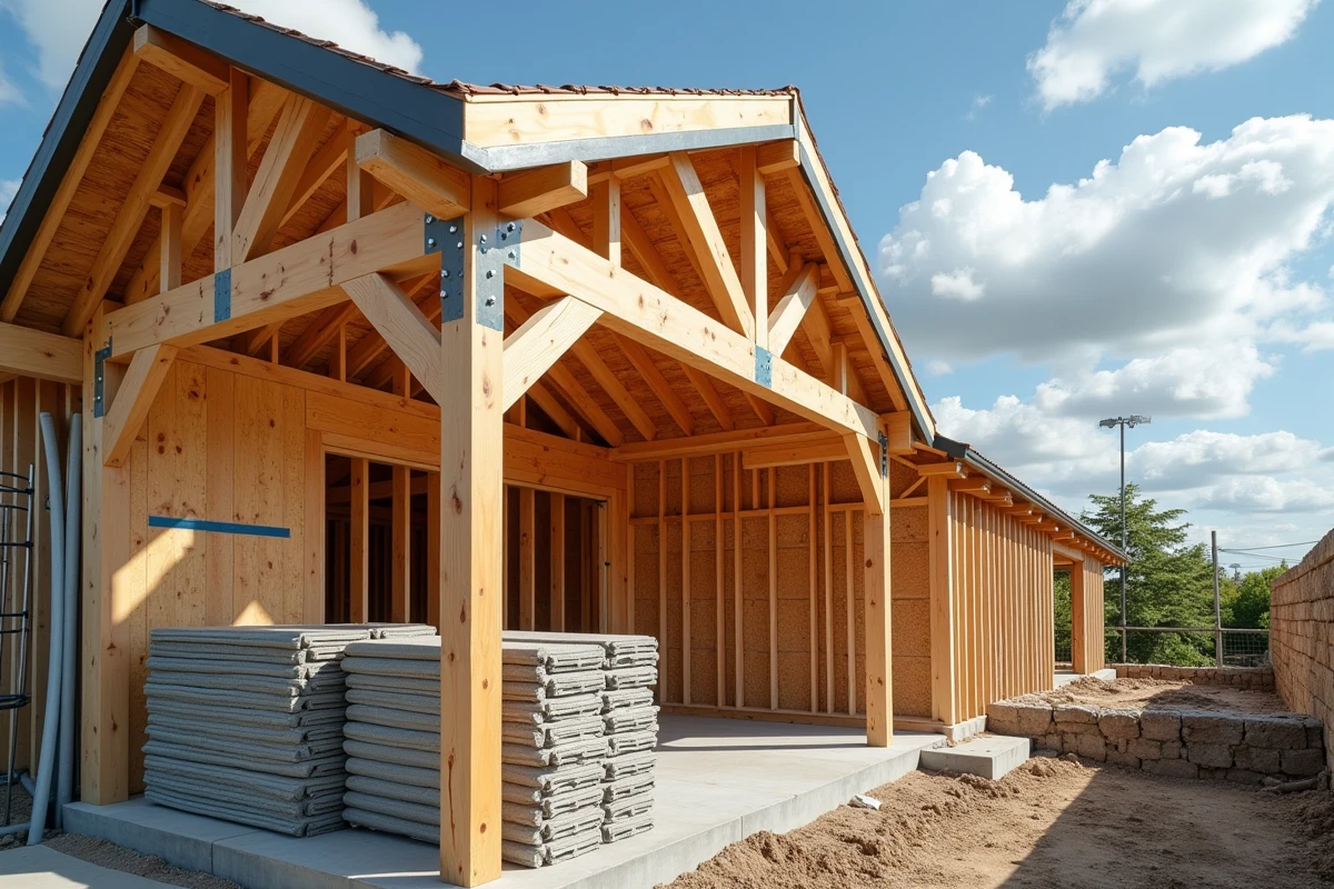 Nouvelle charpente en bois installée sur une maison en cours de rénovation toiture 100m2