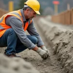 Ouvrier de construction mélangeant du béton sur un chantier