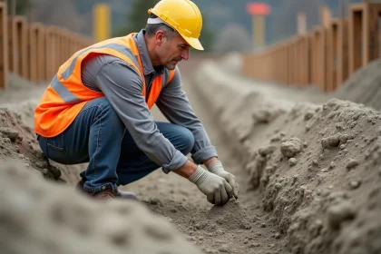 Ouvrier de construction mélangeant du béton sur un chantier