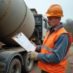 Ouvrier sur chantier consultant le prix du béton livré par toupie avec bon de commande en main