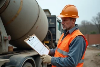 Ouvrier sur chantier consultant le prix du béton livré par toupie avec bon de commande en main