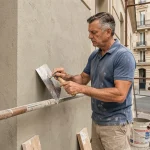 Ouvrier appliquant un enduit de ravalement sur une façade d'immeuble haussmannien avec une truelle en acier sur un échafaudage
