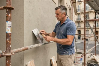 Ouvrier appliquant un enduit de ravalement sur une façade d'immeuble haussmannien avec une truelle en acier sur un échafaudage