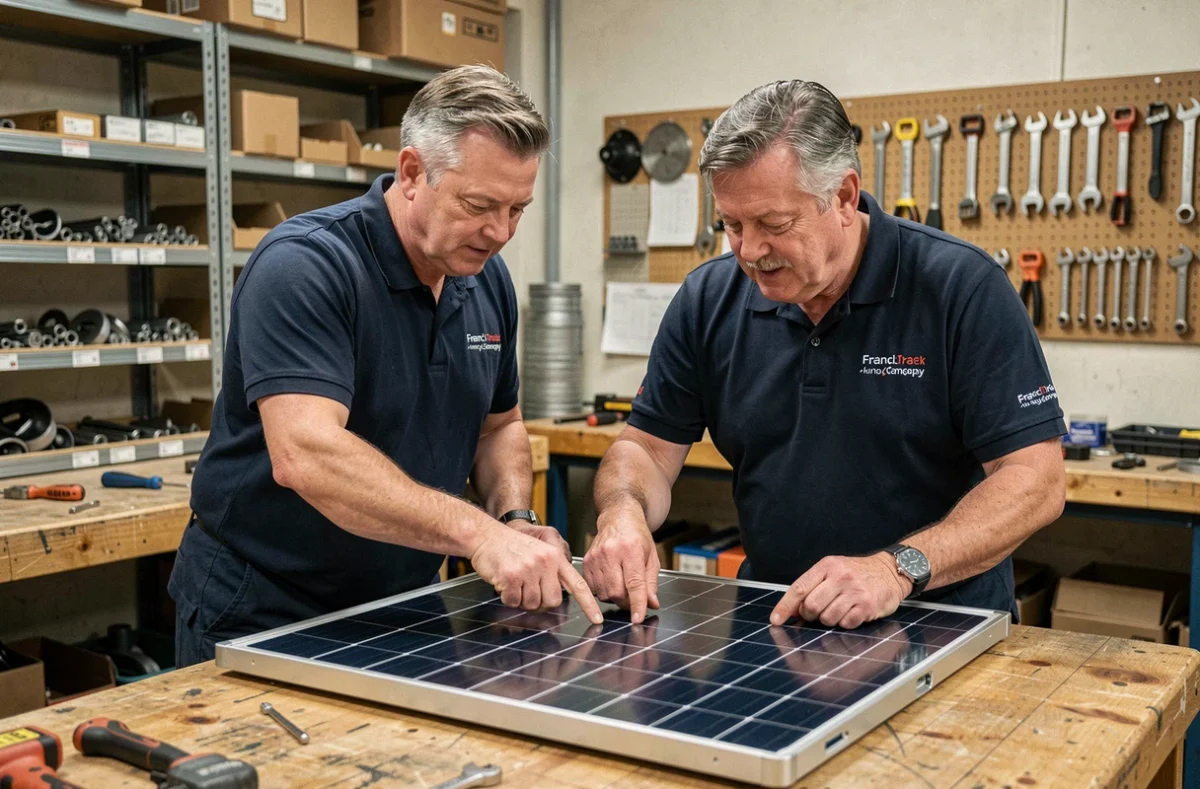Deux ouvriers français examinant un panneau solaire dans un atelier de fabrication régional