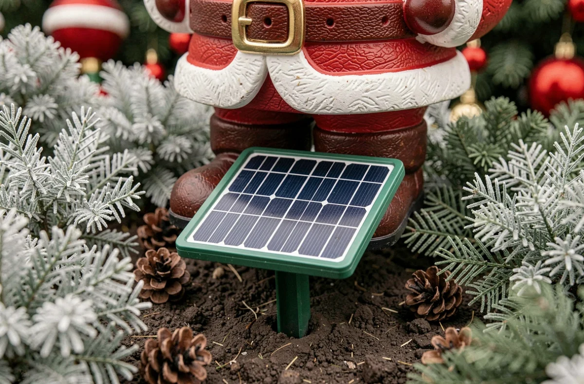 Panneau solaire intégré au pied d'un père Noël décoratif de jardin