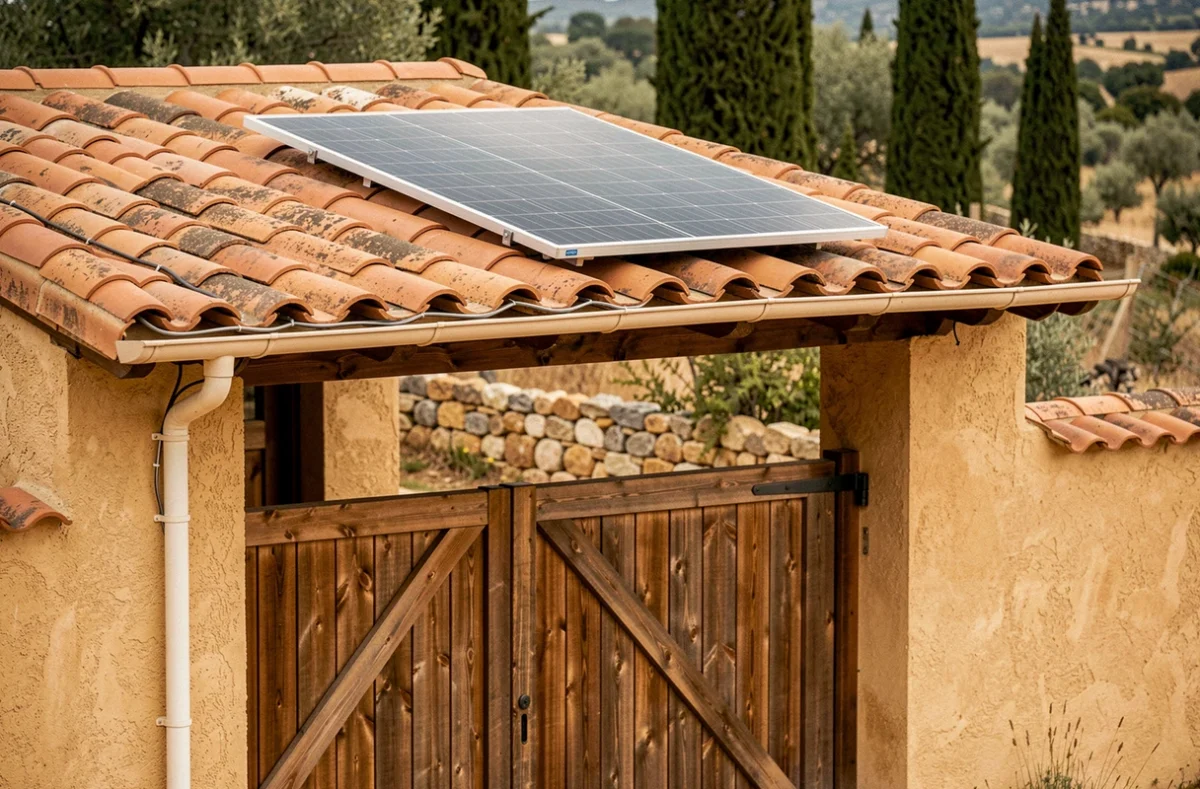 Panneau solaire installé sur un avant-toit au-dessus d'un portail en bois dans une propriété de style méditerranéen