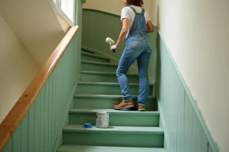 Femme peignant un escalier en bois en vert sauge sans ponçage dans un appartement rénové