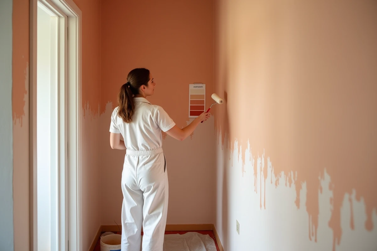 Femme peintre en train d'appliquer une peinture terracotta dans un petit couloir avec nuancier de couleurs