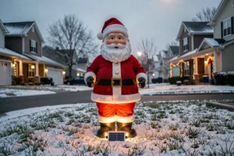 Père Noël décoratif solaire illuminé dans un jardin extérieur enneigé en hiver