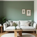Petit salon parisien avec mur d'accent vert sauge et peinture blanche pour agrandir l'espace