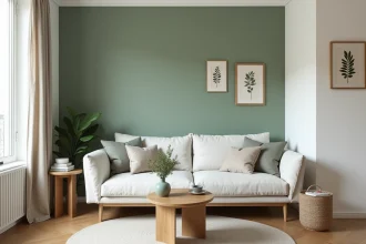 Petit salon parisien avec mur d'accent vert sauge et peinture blanche pour agrandir l'espace