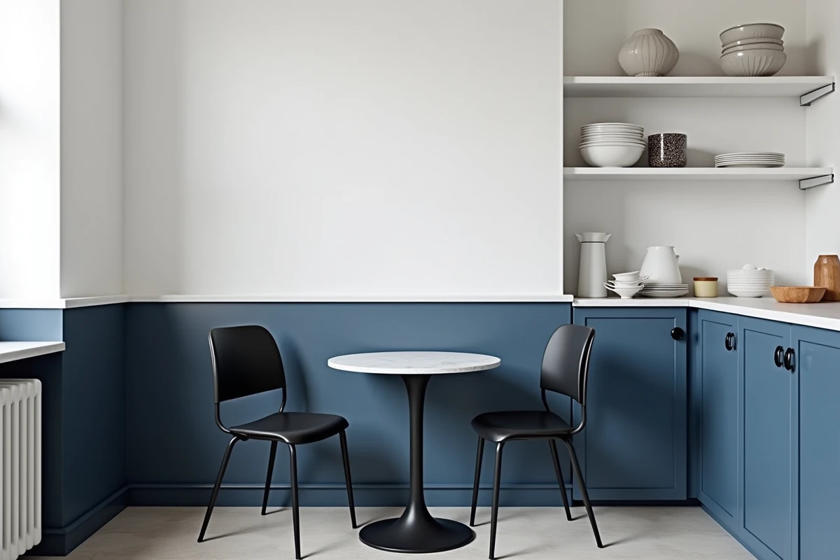 Petite cuisine avec peinture bicolore bleu marine et blanc pour créer une illusion de hauteur