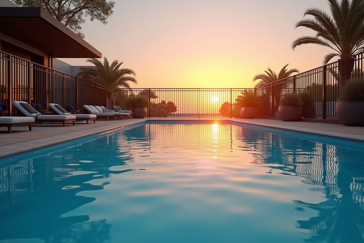 Piscine de luxe au coucher du soleil avec barriere de securite