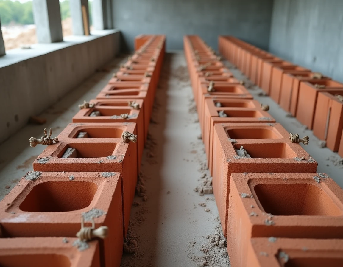 Vue en plongée d'un plancher poutrelles et hourdis en cours de montage avec blocs de terre cuite