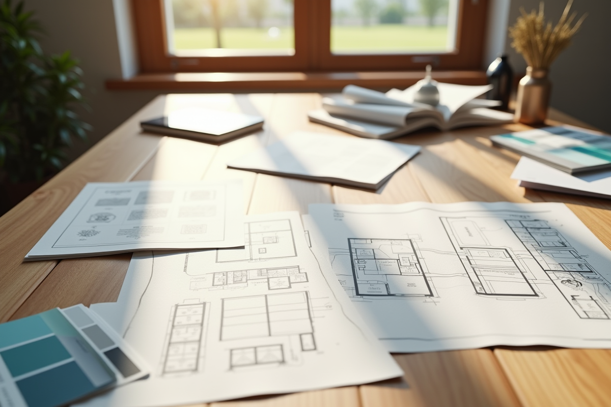 Espace de travail avec plans et échantillons de décoration