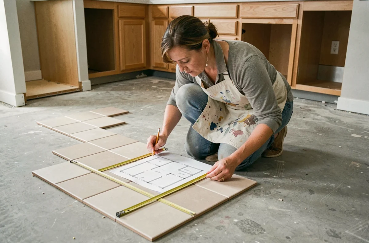 Femme mesurant et planifiant la pose de carrelage dans une cuisine en cours de rénovation avec plan sur papier millimétré