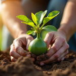 Main plantant un jeune figuier dans un sol humide en jardin ensoleille