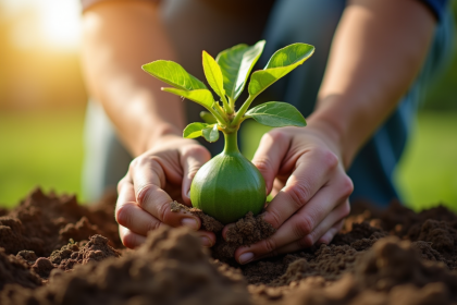 Main plantant un jeune figuier dans un sol humide en jardin ensoleille