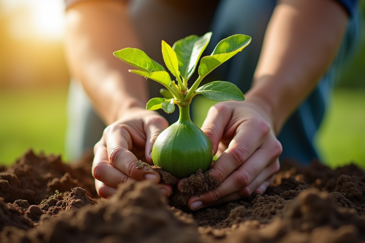 Main plantant un jeune figuier dans un sol humide en jardin ensoleille