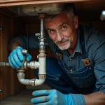 Plombier inspectant une canalisation ancienne corrodée sous un évier de cuisine