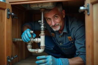 Plombier inspectant une canalisation ancienne corrodée sous un évier de cuisine