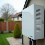 Pompe à chaleur air-eau Gree installée sur la façade extérieure d'une maison moderne avec tuyauterie cuivre visible